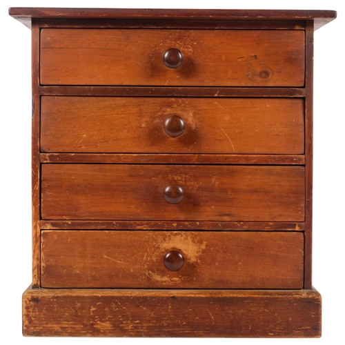 670 - Antique stained wood chest of 4 drawers, with turned wood handles, 31cm x 30cm x 22.5cm