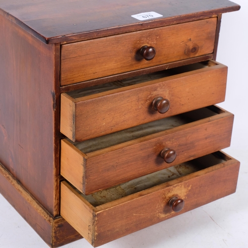 670 - Antique stained wood chest of 4 drawers, with turned wood handles, 31cm x 30cm x 22.5cm