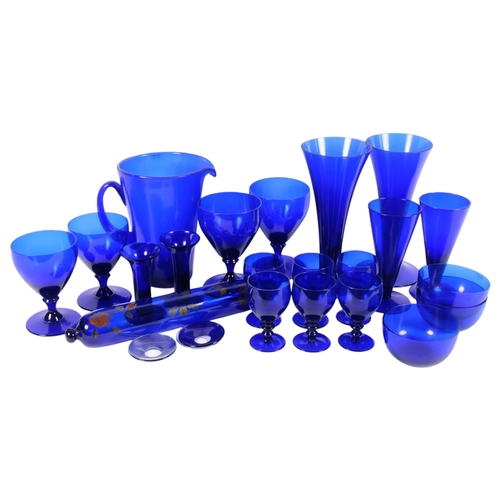 675 - A blue glass jug by Hortensja, Poland, H20cm, a pair of vases, and various Bristol blue goblets and ... 