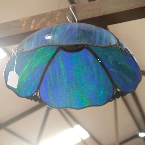 676 - Christopher Wray - An Art Nouveau style blue and green panelled ceiling light shade, with cast-metal... 