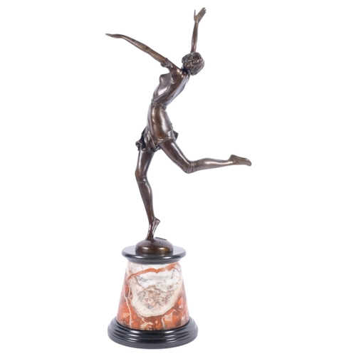 683 - After B. Zach, a reproduction Art Deco style bronze sculpture of a dancing girl, on coloured marble ... 