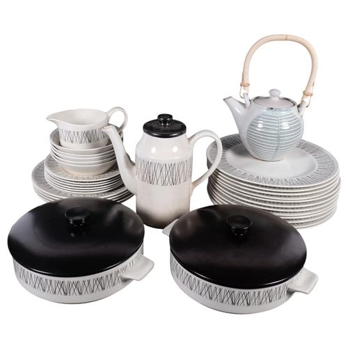 718 - Midwinter Graphic pattern dinner service, including 2 tureens, and a pottery tea kettle by John Hosl... 