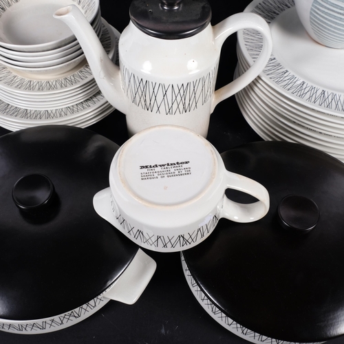 718 - Midwinter Graphic pattern dinner service, including 2 tureens, and a pottery tea kettle by John Hosl... 