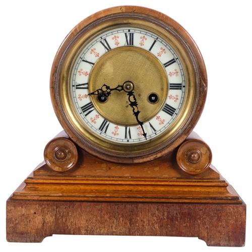 723 - A Vintage walnut-cased 2-train mantel clock with enamel dial, H27cm