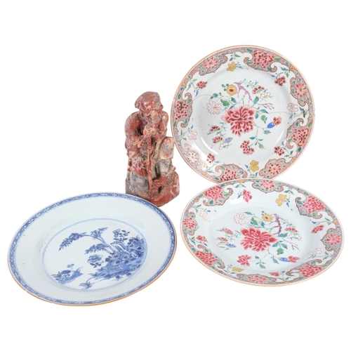 731 - Oriental carved soapstone figure, 19cm, a pair of Chinese famille rose plates (A/F), and a blue and ... 