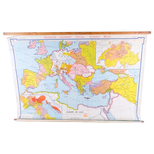 734 - A Philip's wall map of Europe, 112cm across, another of Asia, and a George Philips school room map o... 