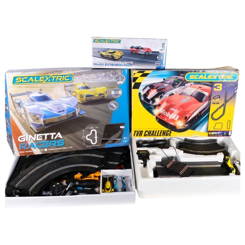 773 - A boxed Scalextric 4 standard straights track extension pack, a boxed Scalextric TVR Challenge game,... 