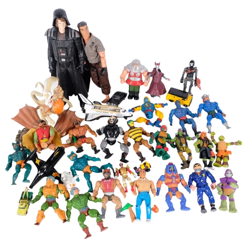 776 - A box of various play-worn toy action figures, including Masters of the Universe, Teenage Mutant Nin... 