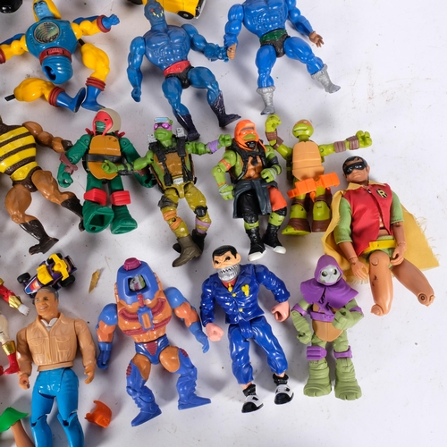 776 - A box of various play-worn toy action figures, including Masters of the Universe, Teenage Mutant Nin... 