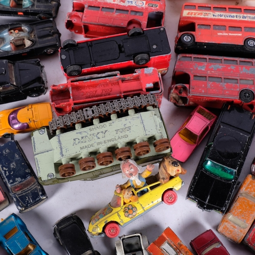 781 - A collection of play-worn diecast toys, including 2 Batmobiles, London buses, etc