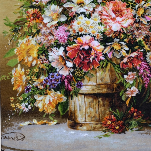 784 - An Iranian wall art picture, depicting a spray of flowers, 77cm x 89cm