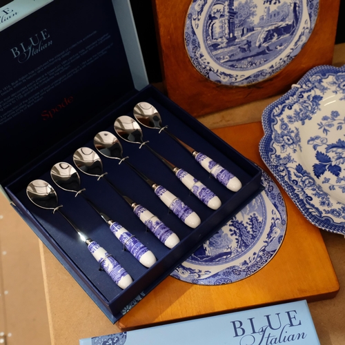 788 - A collection of Spode Italian blue and white plates, teaspoons, and a cheese stand 