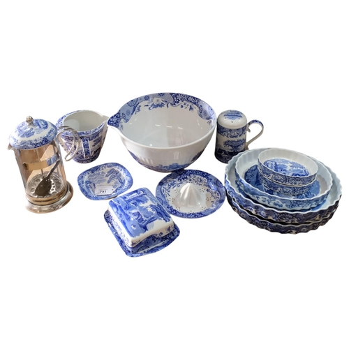 791 - A collection of Spode Italian blue and white tableware, including a large mixing bowl, a cafetiere, ... 