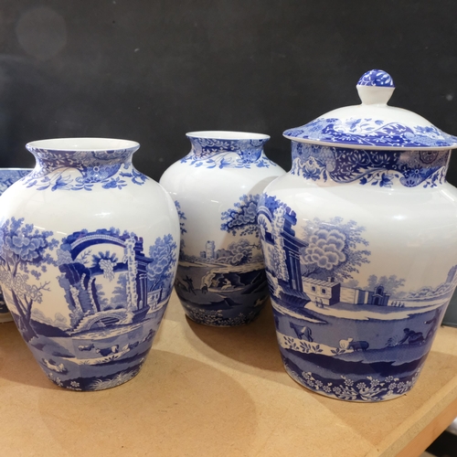 796 - A collection of Spode Italian blue and white tableware and vases, tallest 28.cm