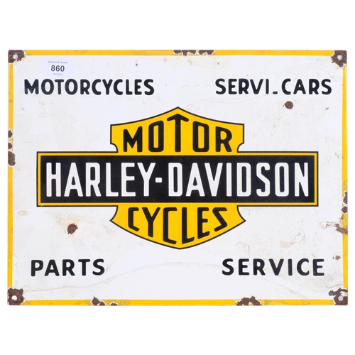 860 - A reproduction enamel sign advertising Harley-Davidson Motorcycles, 30cm x 40cm