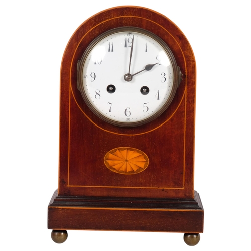 888 - A dome-top Edwardian inlaid 2-train mantel clock, 27.5cm