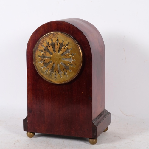 888 - A dome-top Edwardian inlaid 2-train mantel clock, 27.5cm