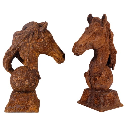 894 - A near pair of cast-iron horse heads on square plinths, tallest 47cm