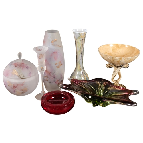 896 - Frosted glass vase with painted abstract design, 26cm, similar candle holder, and lidded pot, Whitef... 