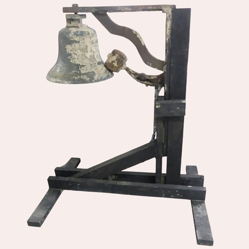 2336 - A large and impressive bronze bell on frame, with striking hammer. Overall frame dimensions, width 1... 