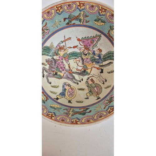 147 - A large Chinese famille vert circular box and cover, with enamel decoration of horses by a river, H2... 