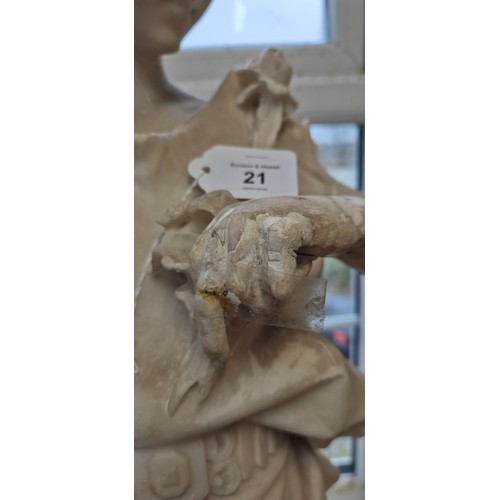 21 - A large carved white alabaster figure of a young lady with flowers, H91cm, together with a speckled ... 