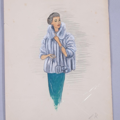 43 - Lloyd Klein, 4 x 1950s/60s fashion design illustrations, pencil/gouache, signed in pencil, 25cm x 32... 