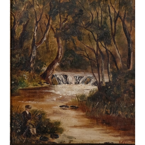 424 - F A Elliott, fisherman by a stream, oil on board, signed, 14cm x 12cm, framed