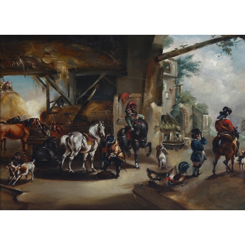 512 - 19th Century oil on board, cavaliers in a courtyard, 26cm x 38cm, unsigned, framed (unglazed). Red w... 