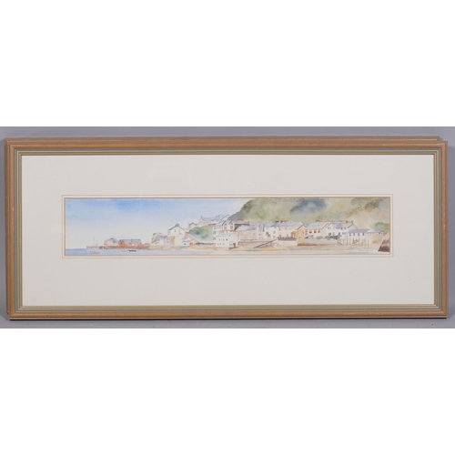 520 - Clare Davis, pair of panoramic coastal scenes, watercolour, signed, 10cm x 53cm, framed