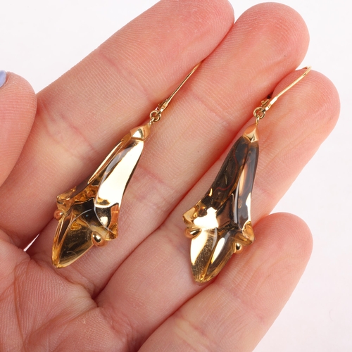 1149 - BACCARAT - a pair of 18ct gold amber glass drop earrings, with kidney fittings, signed and numbered ... 