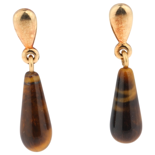 1283 - A pair of 18ct gold tigers eye stud drop earrings, set with polished teardrop tigers eye, 21.9mm, 1.... 