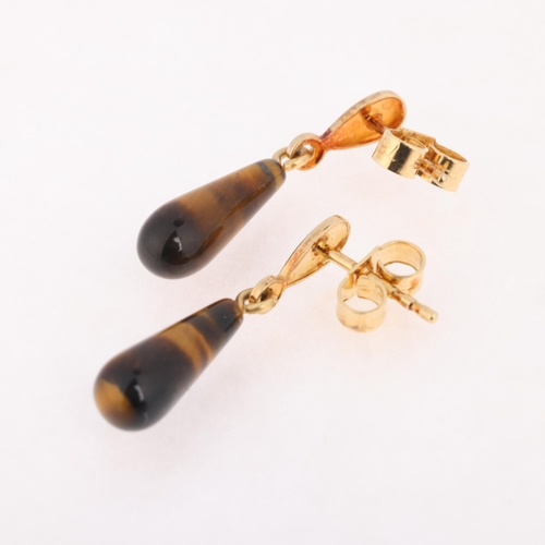 1283 - A pair of 18ct gold tigers eye stud drop earrings, set with polished teardrop tigers eye, 21.9mm, 1.... 