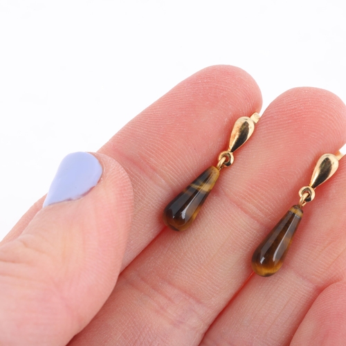 1283 - A pair of 18ct gold tigers eye stud drop earrings, set with polished teardrop tigers eye, 21.9mm, 1.... 