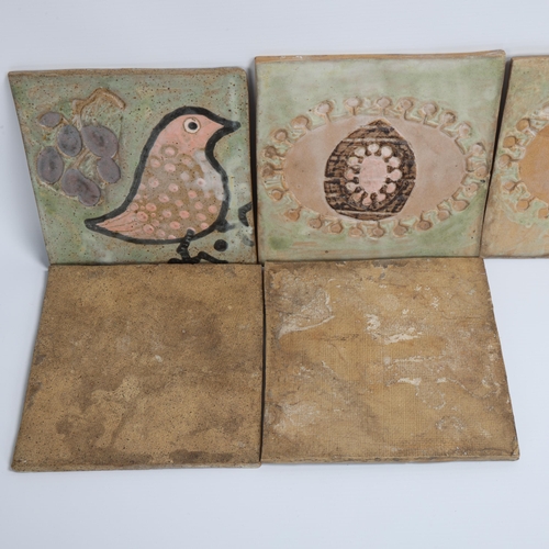 11 - A set of mid 20th century handmade ceramic tiles with bird and seedpod decoration, no maker's mark, ... 