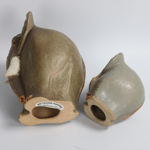 180 - BERNARD ROOKE, British, 2 1970's stoneware elephants, 1 with maker's label, tallest 20cm