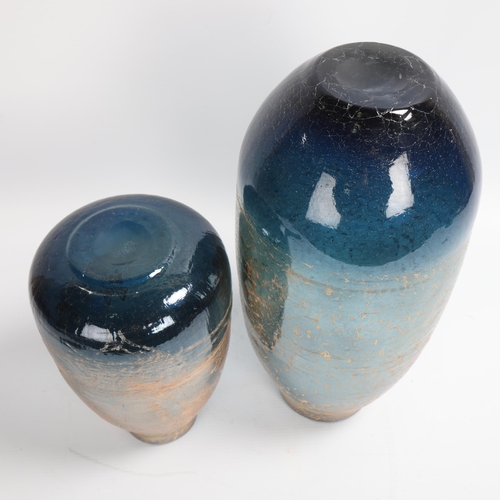 181 - 2 similar studio glass vases with iridised and rubbed surface treatments, no maker's mark, tallest 3... 