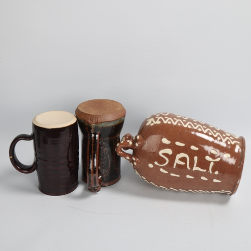 196 - A large slipware salt pig, and 2 other studio pottery tenmoku glazed tankards, tankards with maker's... 