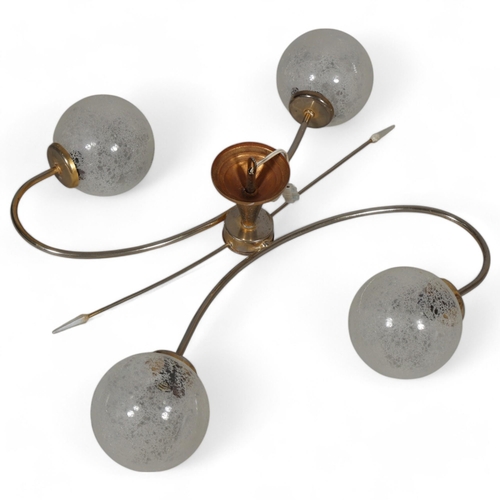 204 - A 1950s/60s 4-branch ceiling lamp fitting, with frosted globular shades, height 18cm, length 55cm