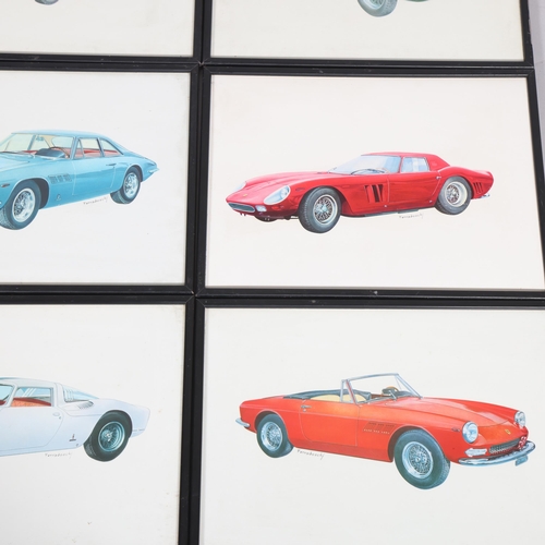 208 - A set of 7 x 1960s Ferrari saloon car prints, by Ferraboschi, signed in print, 37cm x 27.5cm, framed