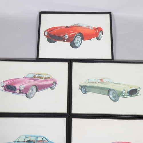 208 - A set of 7 x 1960s Ferrari saloon car prints, by Ferraboschi, signed in print, 37cm x 27.5cm, framed