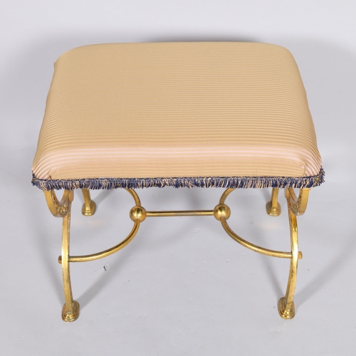 218 - A mid-century reticulated brass X framed stool with silk upholstered seat, height 46cm