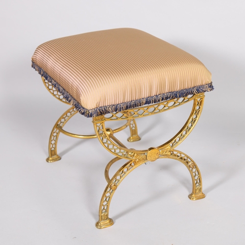 218 - A mid-century reticulated brass X framed stool with silk upholstered seat, height 46cm