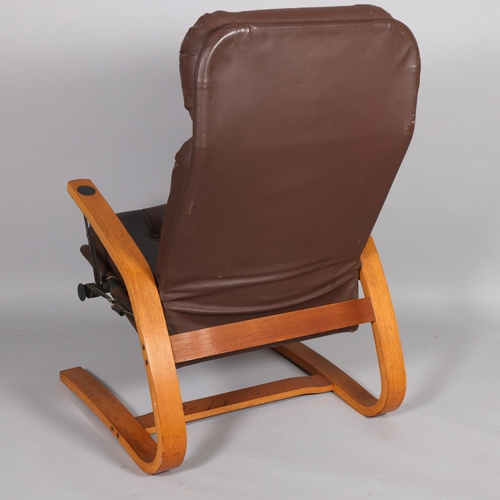 224 - A mid-20th century Scandinavian style bentwood and tubular steel framed reclining chair with brown f... 