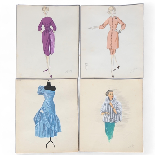 43 - Lloyd Klein, 4 x 1950s/60s fashion design illustrations, pencil/gouache, signed in pencil, 25cm x 32... 