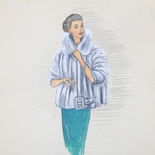 43 - Lloyd Klein, 4 x 1950s/60s fashion design illustrations, pencil/gouache, signed in pencil, 25cm x 32... 