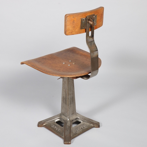 6 - A 1930s/40s Singer machinist sewing chair on cast iron base, with moulded ply seat and adjustable ba... 