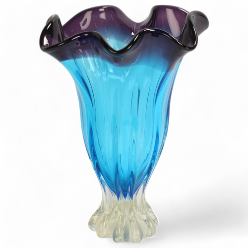 63 - A large ribbed Murano vase in amethyst and teal glass, height 30cm