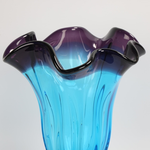 63 - A large ribbed Murano vase in amethyst and teal glass, height 30cm