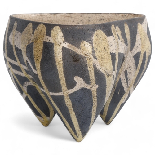 66 - DEANA MOORE, British, hand-built coiled and slab tripod, raku fired with yellow and white crackle gl... 